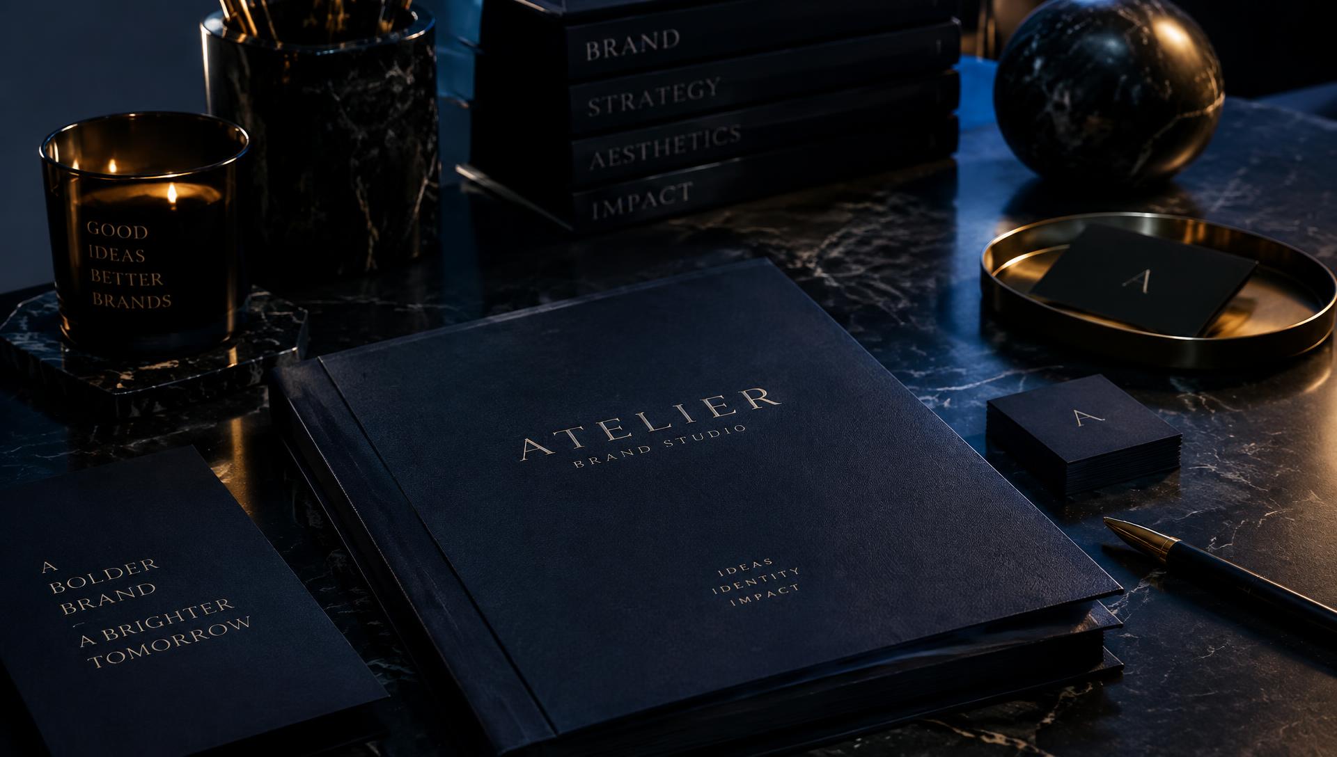 Premium dark brand identity stationery on a marble desk