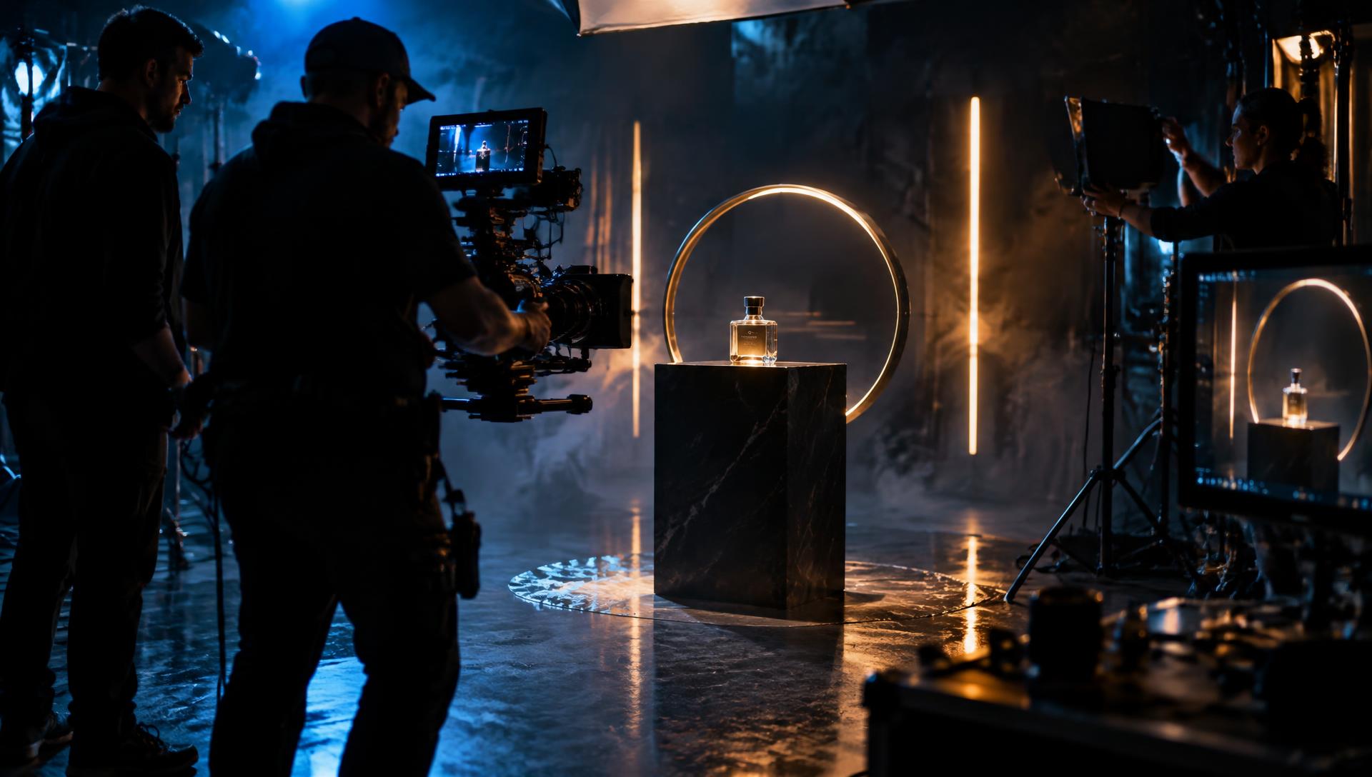 Cinematic product film set with camera crew and studio lighting