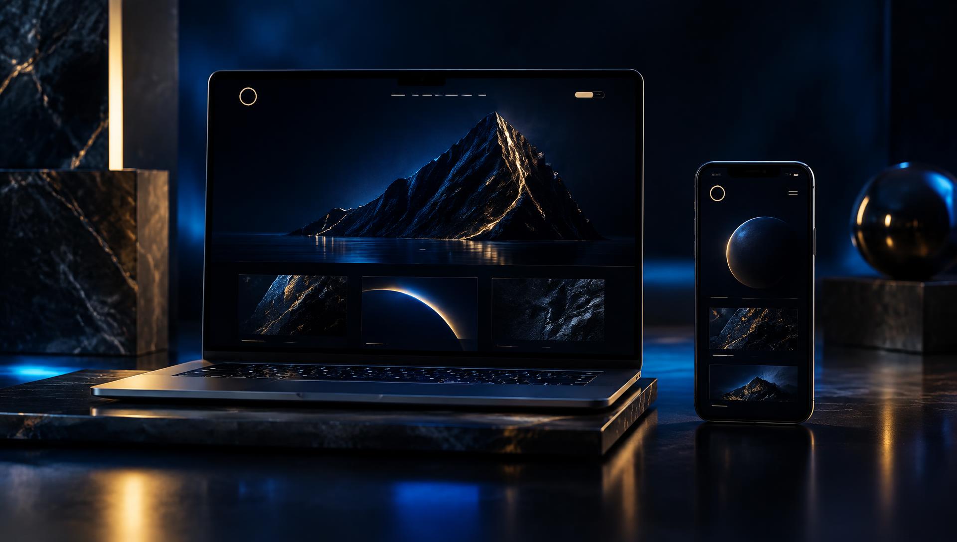 Laptop and phone displaying a premium dark website interface