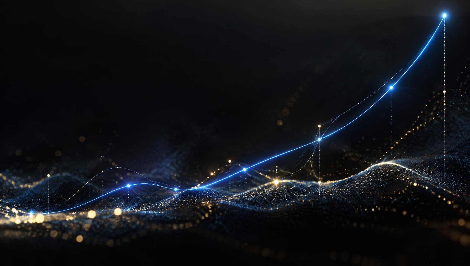 Abstract glowing growth curve over a dark data landscape