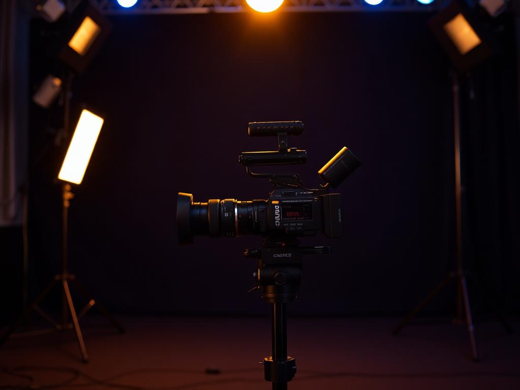 Content production set with camera and studio lighting